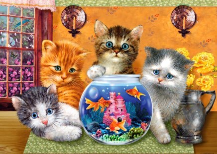 Good company - nice, dreams, fun, fluffy, roses, animals, joy, kittens, room, colorful, fish tank, fantasy, spring, kitties, painting, pretty, window, castle, good, playing, company, lovely, golden fish, vase, cats, beautiful, fish, friends, flowers