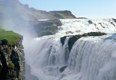 Gullfoss, Iceland - iceland, grass, waterfall, rocks