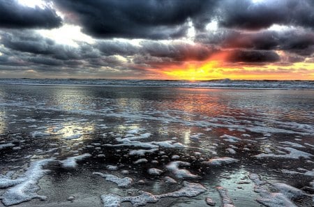 wonderful sunset on a grey beach scape hdr - beach, clouds, hdr, sunset, sea, foam, waves