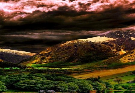 mean skies over a valley hdr - clouds, hdr, stormy, forest, mountains, valley, sky