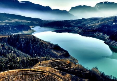 vineyards down to the river hdr - river, fog, vineyards, hdr, mountains