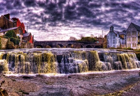 Waterfall with Bridge - village, river, landscape, water