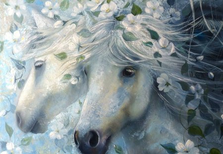 Spring by Irina Souchelnytskyi - blue, beautiful, spring, flower, horse, white, animal, Irina Souchelnytskyi, painting, art