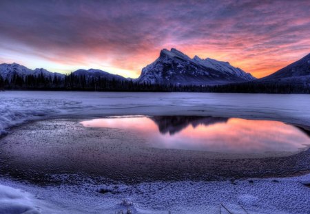 beautiful sunrise by a thawing lake - thaw, sunrise, lake, reflection, mountain