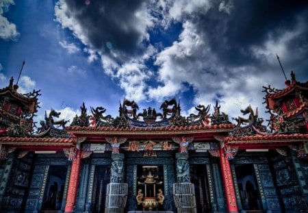 temple entrance in myanmar - statues, clouds, entrance, temple