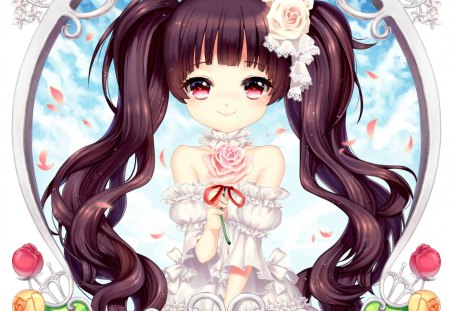 Rose Rose I â™¥ U - nice, female, twintail, anime girl, rose, elegant, brown hair, white, red eyes, gorgeous, pretty, petals, anime, ribbon, twin tail, cute, girl, twintails, long hair, gown, lovely, kawaii, floral, twin tails, blossom, sweet, smile, dress, happy, flower