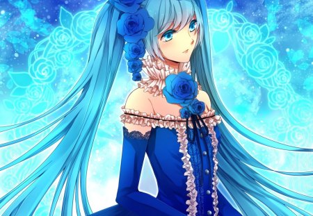 Hatsune Miku - pretty, anime, vocaloid, blue rose, elegant, divine, female, blue, blossom, dress, hatsune miku, long hair, gorgeous, nice, gown, anime girl, twintails, beautiful, hot, girl, beauty, lovely, sweet, flower, miku, rose, cute, floral, sexy, vocaloids, gloves