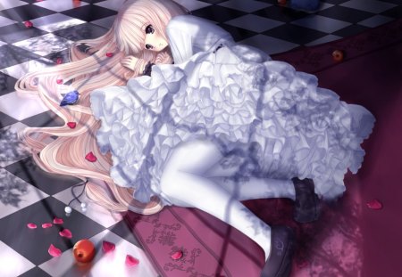 White Dress - pretty, anime, elegant, divine, female, dress, long hair, sublime, gorgeous, nice, gown, anime girl, beautiful, hot, girl, beauty, lovely, sweet, petals, floor, white, cute, sexy