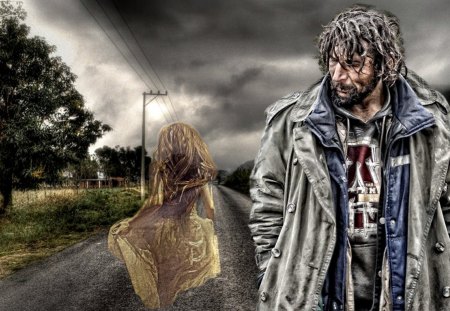 Love and Time - woman, blackground, cloud, man, tree, hdr, road