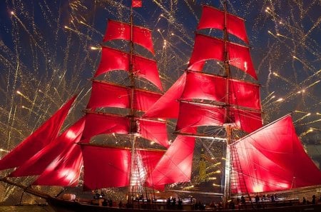 Red Sail - red, fireworks, sea, sailboat