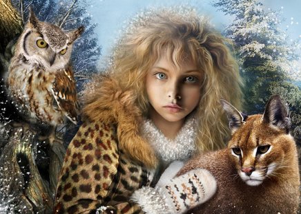 Three Friends - owl, trees, fantasy, girl, cold, snow, cat