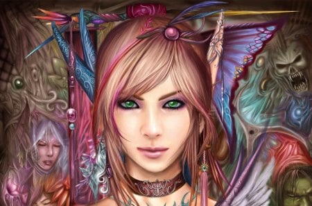 Anelia's World - tattoo, fantasy, woman, creatures, butterfly wings, face, feathers, skull