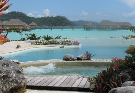 Four Seasons Resort Bora Bora - beach, paradise, escape, hot tub, bora bora, atoll, lagoon, holiday, sand, ocean, swimming, south polynesia, exotic, luxury, blue, jacuzzi, island, spa, south pacific, sea, pool, tahiti