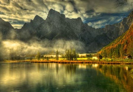 Lakefront - sky, trees, clouds, water, house