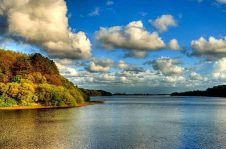 wonderful rippling lake hdr - lake, autumn, forest, ripples, clouds, hdr