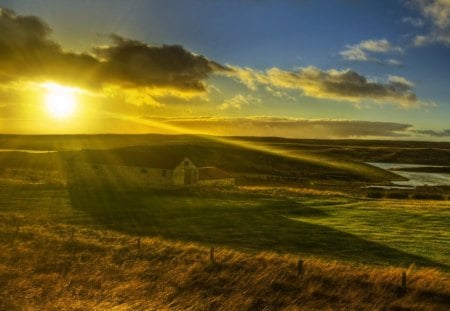 sunrise over beautiful farm - farm, clouds, river, fields, sunrise