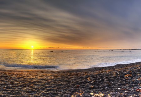 sunset on pebble beach hdr - pebbles, beach, sunset, sea, hdr