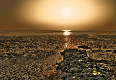 beautiful beach in sunset at low tide - beach, low tide, ripples, sunset, rocks