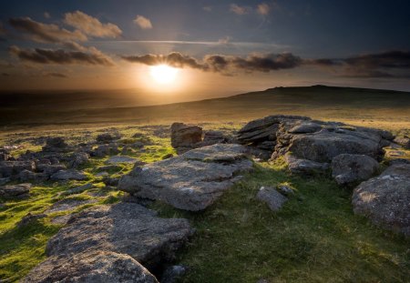 sunset over scottish hills - rocks, sheep, hills, sunset, grass