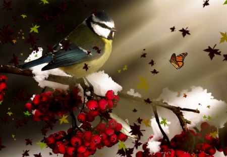 Autumn Snow - fantasy, bird, snow, autumn