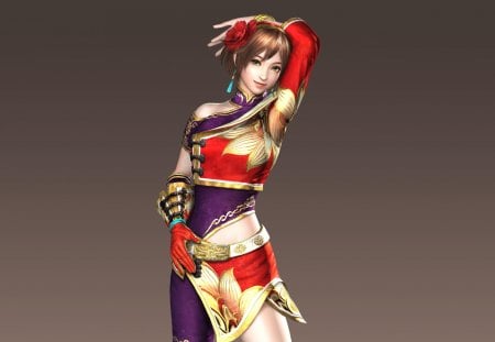 Sun Shang Xiang - plain background, lone, female, girl, cg, brown hair, dynasty warriors, sun shang xiang, green eyes, games, video games