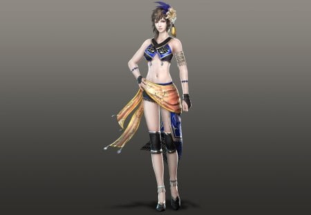 Wang Yi - dark hair, female, girl, wang yi, plain background, dynasty warriors, shorts, games, video games, lone