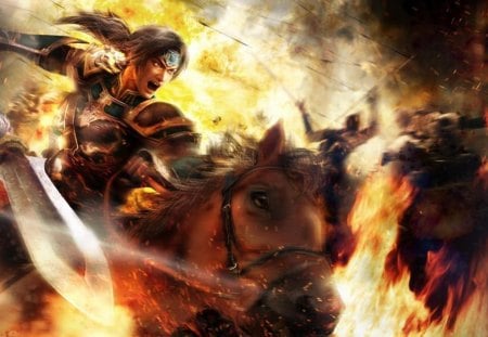 Zhao Yun - zhao yun, warrior, horse, armour, armor, battle, fire, arrows, dynasty warriors, flames, spear, weapon, games, video games