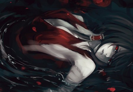 Hakurei Reimu - anime, female, water, girl, red eyes, touhou, black hair, reimu, games, video games, lone, hakurei reimu