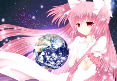 The World - pretty, star, globe, anime, kawaii, female, earth, light, magical, long hair, space, mahou shoujo madoka magica, madoka kaname, sparks, nice, pink hair, anime girl, beautiful, girl, beauty, lovely, sweet, glow, fantasy, world, magical girl, cute