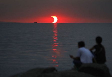 Boys Watching Sunset - boys, sunset, reflection, nature