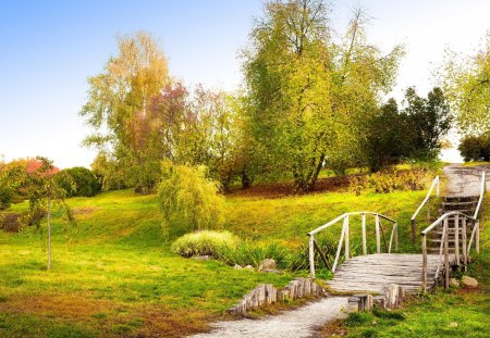 Over the Bridge and Up the Hill - hill, sky, trees, nature, blue, architecture, green, grass, bridge