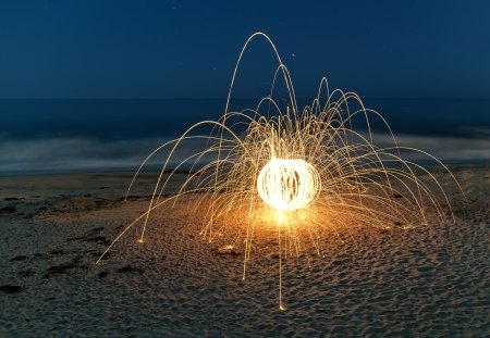 The light of darkness - firework, beach, dark, yellow, blue, light, night, sand