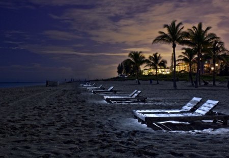 Enjoy the sunset - beach, palm tree, sun, light, night, sunset, white, chair, dark, sand