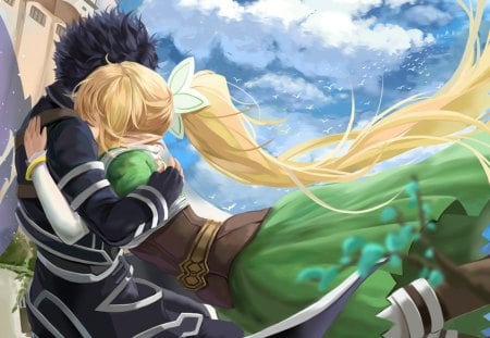 I Love You - pretty, anime, female, warrior, romantic, blonde, guy, romance, blond hair, long hair, boy, male, blond, sword art online, sao, nice, hug, kirito, sky, anime girl, girl, leafa, blonde hair, lovely, love, sweet, knight, handsome, cloud, lover, couple