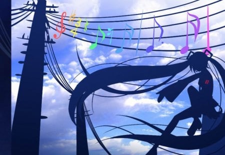 Singing on a wire - women, girl, vocolouid, lovely, legs, dark, blue, sweet, lonh hair, cute