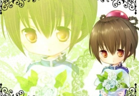 Chibi - male, adorable, chibi, bouquet, brown hair, kawaii, floral, boy, anime, green, cute, short hair, flower, guy, adore