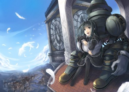 Top of the World - anime, female, scenery, scene, clock, long hair, robot, happy, roof, view, sky, anime girl, hot, girl, scenic, feather, smile, black hair, cloud, cute, sexy