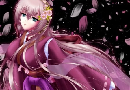 Megurine Luka - pretty, anime, vocaloid, female, long hair, dark, luka, nice, pink hair, anime girl, beautiful, hot, girl, beauty, kimono, lovely, sweet, flower, petals, yukata, black, megurine luka, cute, sexy, vocaloids