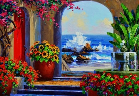 Mediterranean view - nice, freshness, sunflowers, beach, rocks, mediterranean, painting, view, pretty, fresh, summer, shore, lovely, exotic, waves, arch, blue, beautiful, breeze, flowers, sea