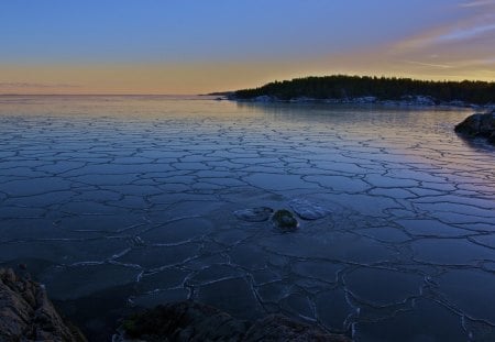 crackled iced on a lake in the morning - crackle, lake, morning, ice, shore