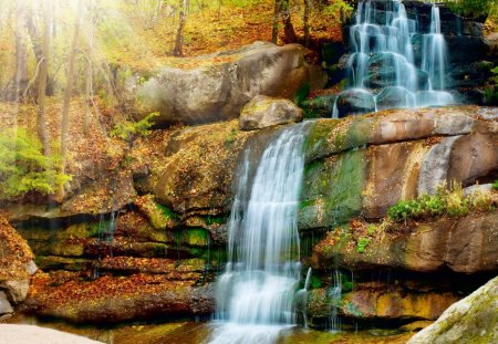 beautiful cascading waterfall down a mountain - autumn leaves, waterfall, mountain, rocks