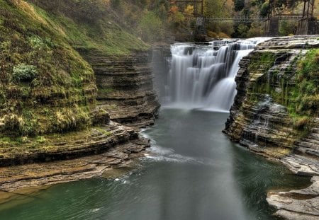 wonderful waterfalls into a cut gorge - cliffs, bridges, waterfall, gorge