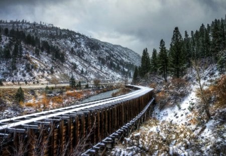 Railway through the Mountains - winter, trees, railroad, snow