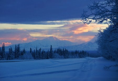 magnificent winter scape at sunset - forest, clouds, winter, sunset, highway, mountains