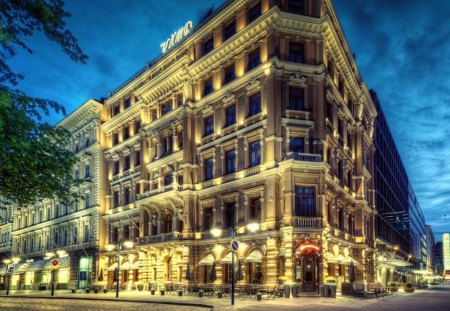 corner hotel in helsinki finland hdr - street, city, hotel, cafe, hdr