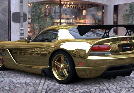 golden dodge viper - street, gold, car, wing