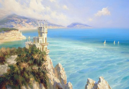 Sea Side Castle - sea, sails, blue, castle