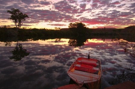 clouds in the river - still, clouds, river, boat, reflection