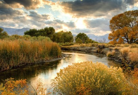 wondrous river autumn landscape - autumn, trees, river, clouds, grass, sun rays