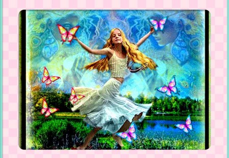 dancing in spring - nature, girl, butterfly, lake, spring, joy